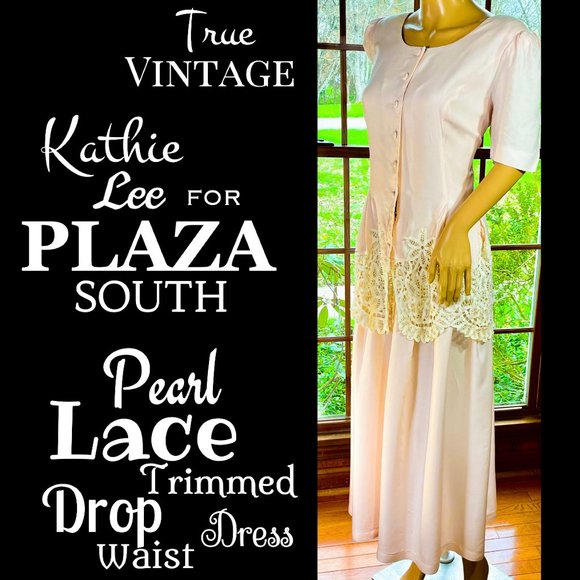 ▪️PLAZA SOUTH▪️1980's 1990's Pale Pink Pearl Lace Trimmed Cottagecore Maxi Dress - Picture 1 of 9